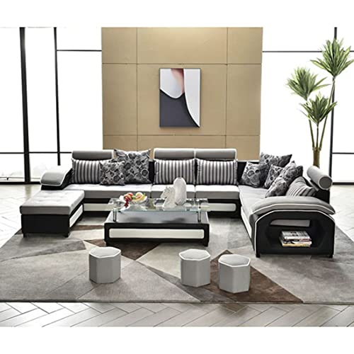 Image of Torque Silvester 12 Seater Sofa Set for Living Room (Silver) | Interchangeable U Shape Sectional Sofa | Solid Wood Frame & High-Density Supersoft Foam | Includes Puffy & Stool | Modern Home Furniture