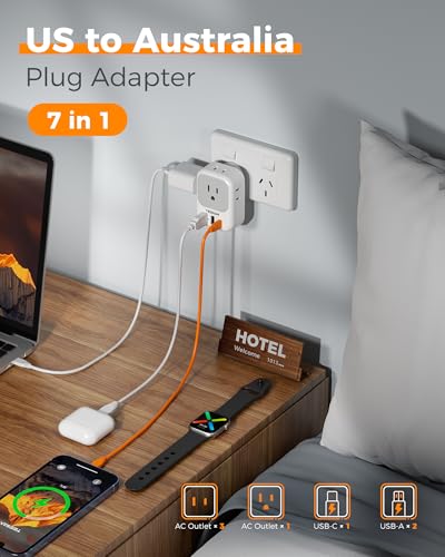 Image of TESSAN US to Australia Plug Adapter Type I Travel Adaptor | 4 American Outlets, 3 USB Ports (1 USB C 20W), For USA to Australian Argentina China Fiji Samoa, New Zealand Power Adapter