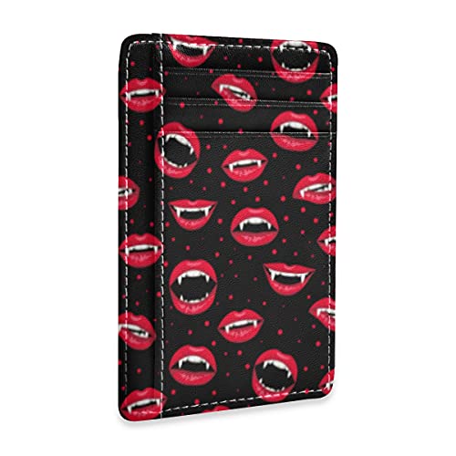 susiyo Halloween Vampire Red Lips Slim Minimalist Wallets Rfid Blocking Card Wallets PU Leather Front Pocket Wallets for Men and Women