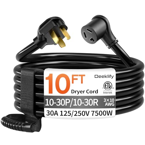 Deeklify 10 FT 3 Prong Dryer Extension Cord Outdoor Black 30 AMP 10/3 Gauge Heavy Duty NEMA 10-30P to 10-30R Waterproof SRDT Jacket ETL Listed for 3 Prong Dryers