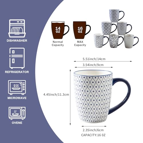 Ceramic Coffee Mugs Set - 16 Oz Large Porcelain Tea Cups with Handle for Women Men Cocoa Cappuccino Latte - Christmas Housewarming Gift - Dishwasher Safe - Set of 6 - Vintage Blue by Cerkik - Image 4