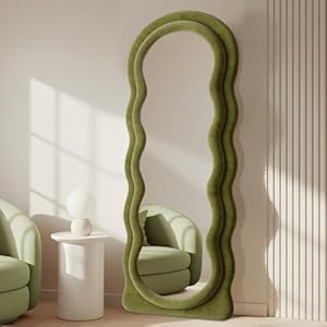 Anpark Full Length Mirror 63″x24″ Arched Wavy Full Body Wall Mounted Floor Mirror with Stand Green Flannel Frame Leaning Hanging Wall Mirror for Bedroom Entrance Hallway
