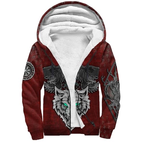 Viking Wolf Totem 3D Printed Hoodies, Winter Thick Warm Sherpa Lined Outwear, Nordic Ravens Winter Jackets for Men