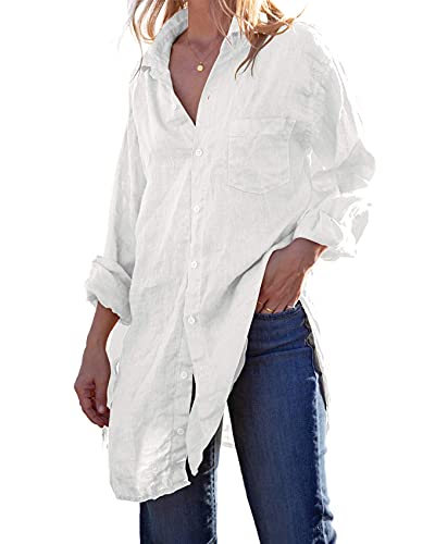 Runcati Womens Button Down Shirts Linen Cotton Long Sleeve Blouse Tunic Tops Cover Up Shirt Loose Beach Bikini Dress