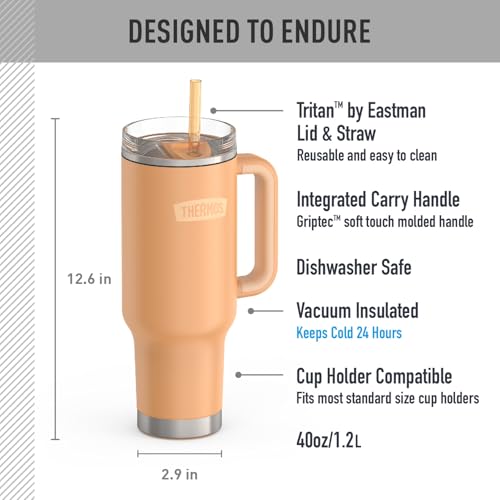 Image of THERMOS Stainless Steel Cup Holder Mug - 40 Ounce, Melon - Insulated Tumbler with Lid and Straw, Plus Leak-Resistant Slide Lock