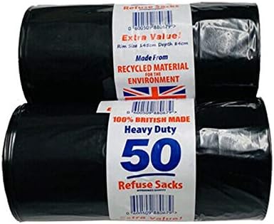 50 black Bin Bags Heavy Duty, Refuse Pack,100L, For Waste Dustbin Home Kitchen Garden Waste, 100% Recycled, UK Made