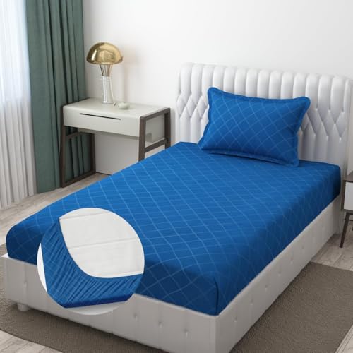 Image of Blue Strip 220TC Glace Cotton Elastic Fitted Bedsheets Single Bed with 1 Pillow Cover | Single Bed with All Around Elastic, Size 42 inch x 75 inch Inches