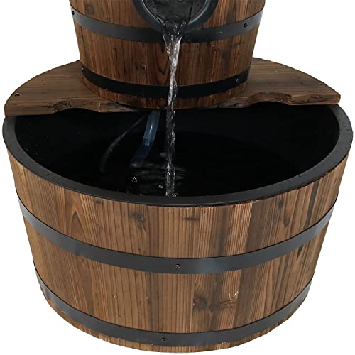 Sunnydaze Country Wood Barrel Water Fountain - 2-Tier Waterfall Fountain & Backyard Water Feature With Hand Pump - 23 Inch Tall #TOP6