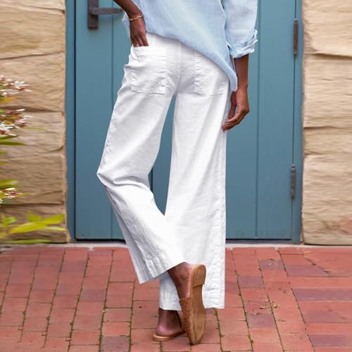Wide Leg Linen Pants for Women Elastic High Waisted Pant Business Casual Work Pants Flowy Beach Trousers with Pockets4