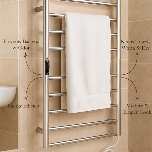 Image of MORZZE MTW-6040 Luxury Electric Towel Warmer 6 Bar, SUS 304 Stainless Steel Heated Towel Rack, Wall Mounted, Adjustable 30-60C, 1-8H Timer, 600x400mm, Fast Drying Bathroom Towel Heater