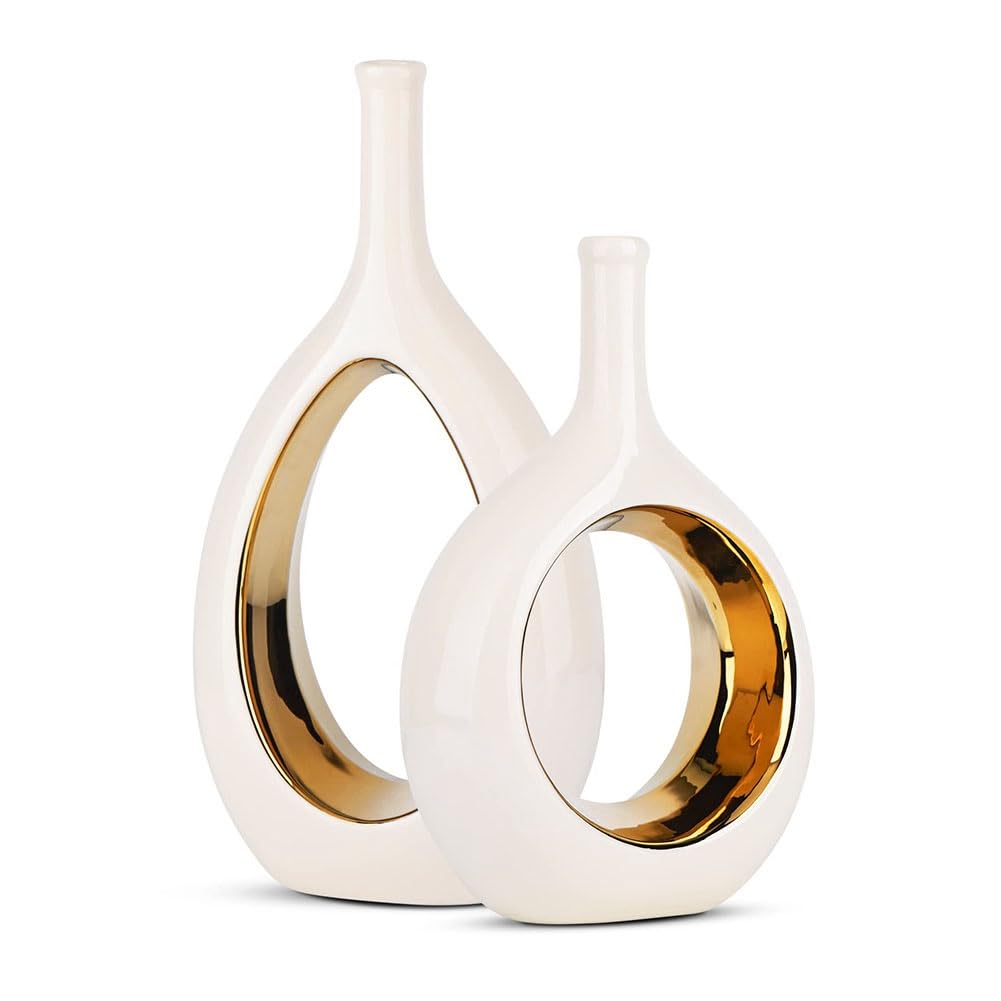 CTRLZS White and Gold Vase Ceramic White Vases Home Decor,Modern Minimalist Circle with Hole Decorative Vase