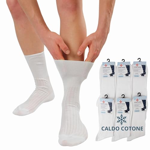 LEON D'ORO Calcetines sanitarios para hombre cálido algodón calcetines cortos para diabéticos 6 pares Made in Italy, BLANCO 6 PARES, 40-42