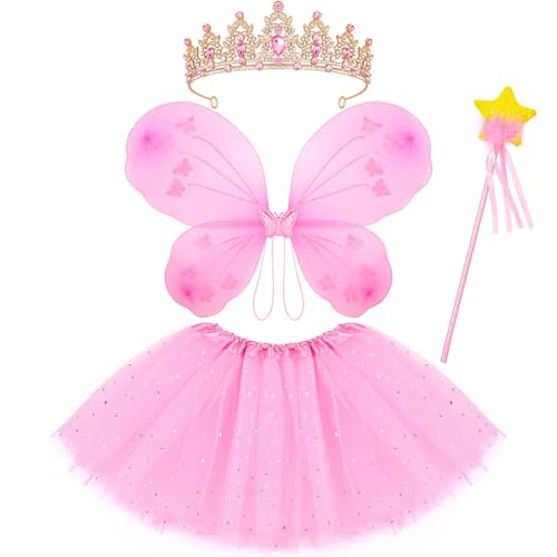 JcHrmers 4 Pcs Pink Fairy Costume Princess Dress up Accessories for Girls Butterfly Fairy Wing Tutu Skirt Crown Tiaras Star Wand for Kids Reading Lover Book Week Day Party Cosplay Supplies