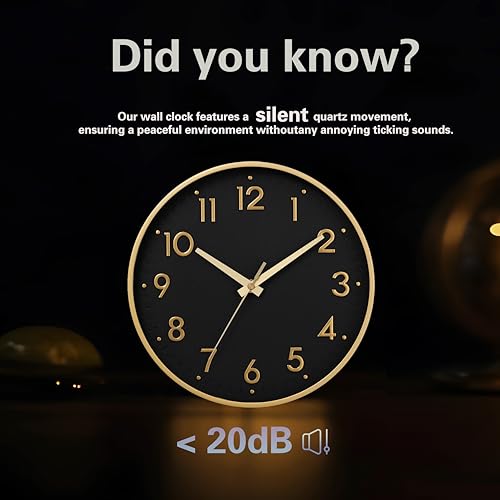 Image of Mosewa Wall Clock 8 Inch, Wall Clocks Battery Operated Silent Non-Ticking Modern Analog Clock Decorative for Kitchen, Bedroom, Office,Bathroom(Black Gold)
