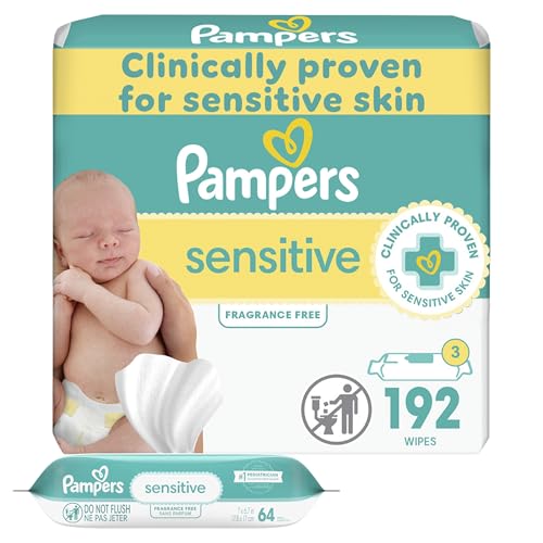 Image of Pampers Baby Wipes Sensitive, Water Based Wipes, Hypoallergenic and Unscented Wipes, 192 Wipes Total (3 Refill Packs)