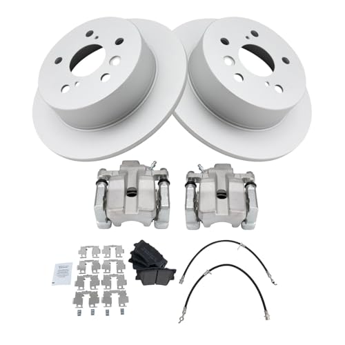 Image of TRQ Rear Brake Pad and Rotor Set Semi Metallic Coated Rotors Calipers Compatible with 2007-2012 Lexus ES350 To 9 /30 /11 Production Date 2008-2012 Toyota Avalon 2007-2011 Camry