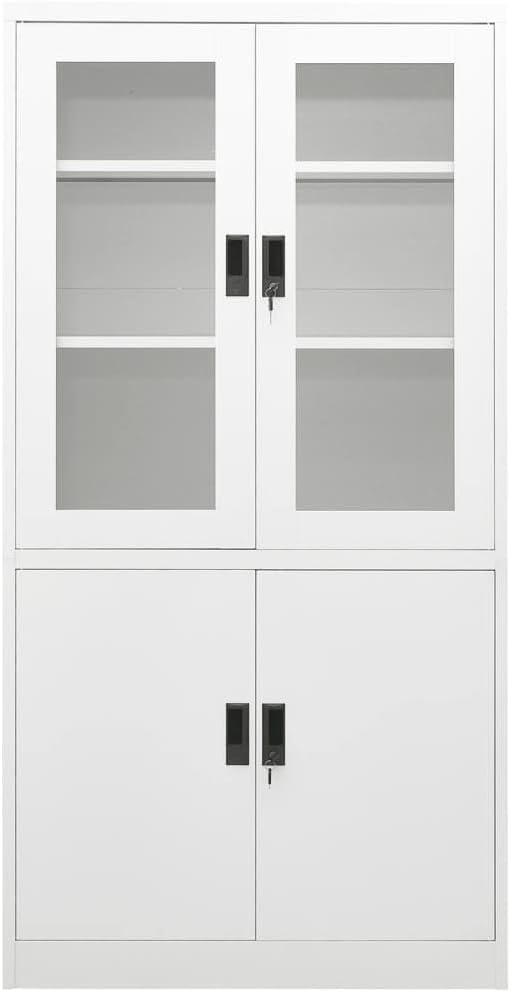 Office Cabinet with Tempered Glass Doors and Adjustable Storage Shelves, White Steel Frame for Filing and Organizing Documents, 35.4 Inches Wide, 15.7 Inches Deep, 70.9 Tall,