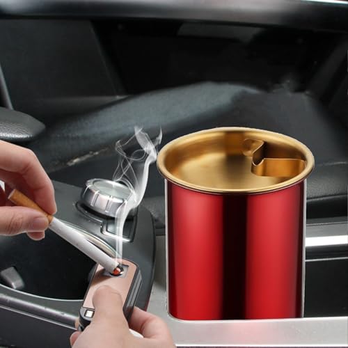 Image of Car Ashtray with Lid, Portable Smell Proof Ashtray for Car, Detachable Smokeless for Car Cup Holder, Stainless Steel Windproof Extinguished Butt Bucket Ash Tray for Outdoor Travel Home Office (Red)