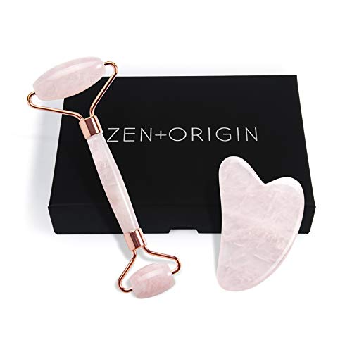 Rose Quartz Roller and Gua Sha Set, 100% Natural Rose Quartz Stone Face