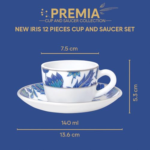 Image of Larah by BOROSIL 140ml Opalware New Iris Tea /Coffee 6pc Cup & 6pc Saucer Set, Microwave & Dishwasher Safe Embossed Design Crockery Set Ideal for Daily Use & Gifting