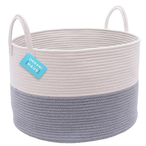 Image of OrganiHaus Round Toy Basket & Blanket Basket, Cotton Rope 20x13" | Off-White / Gray - Round Cotton Rope Basket, 20x13"