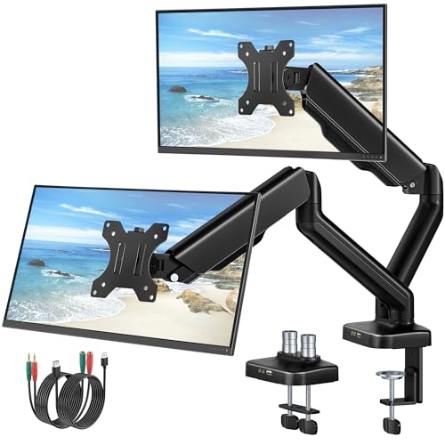 Image of monTEK Dual Monitor Arm with USB Ports for 17-32 inch Screen up to 19.8 lbs | Mechanical Spring, Full Motion Dual Monitor Mount, Flat /Curved Screen, USB /Audio Ports, Steel, Clamp /Grommet, VESA 75 /100mm