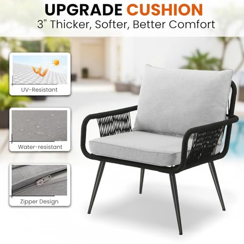 Image of DEVOKO Outdoor Rope 3-Piece Patio Set with Water-Resistant Cushions Perfect for Outdoor Entertaining and Relaxing on Your Patio, Balcony, Garden, Terrace, Deck (Black and Grey)