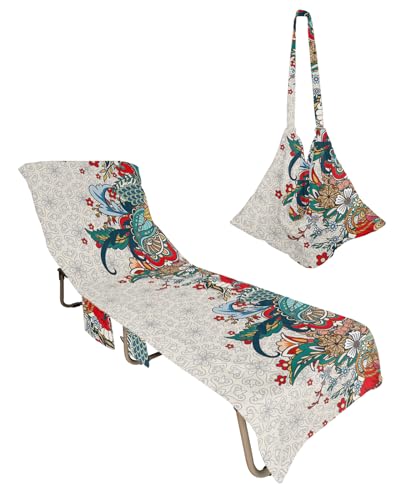 Boho Flowers Beach Lounge Chair Towel Cover, Soft Chaise Lounge Towel with Side Pockets Patio Pool Chairs Cover for Beach/Pool Sunbathing 29x85 Modern Geometric Abstract Botanical Rustic