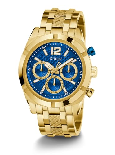 Image of Guess Stainless Steel Analog Blue Dial Men's Watch-Gw0714G2, Band Color-Gold