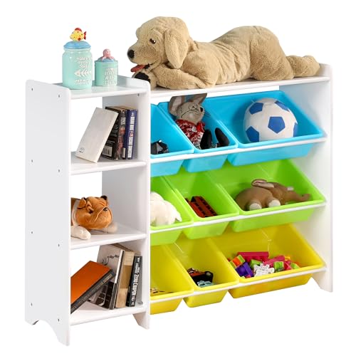 Image of MallBest 4-Tier Kids' Toy Storage Organizer Shelf-100% Solid Wood,Children's Storage Cabinet with 9 Plastic Bins and 3 Storage Ports (White)