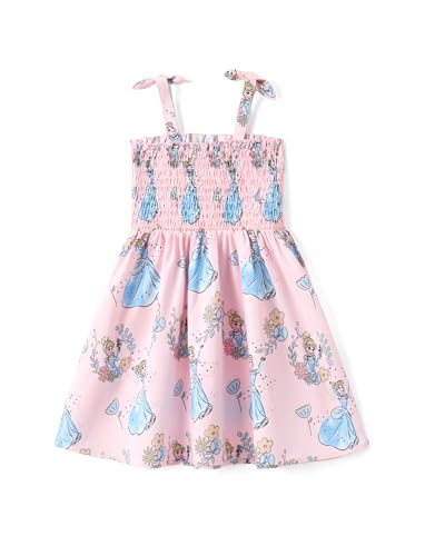 Disney Princess Cinderella Toddler Girl Dress Bow Strap Floral Casual Summer Clothes Smocking Beach Holiday Girls Sundress Pink 3-4T