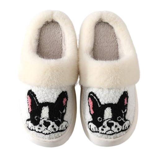 Women's Men's Cute Animals Bulldog Slippers Comfy Warm Plush Slip-On House Slipper for Winter Indoor Soft Cushion Non-Slip Thick Sole Fluffy Slides Slippers(38/39 EU, White)