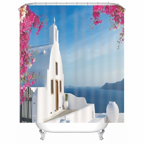 Rideau de douche polyester à séchage rapide lavable blanc et bleu - 2