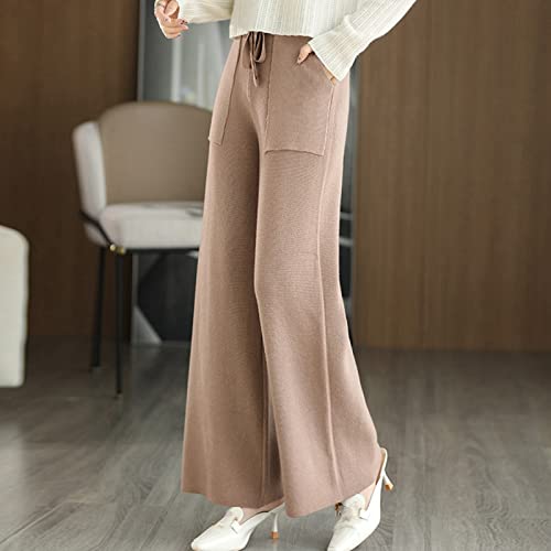 Pantalon cachemire femme large droit à taille haute élastique rétro avec poches