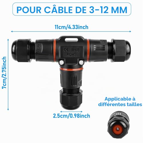 Connecteurs de câble étanches IP68, Lot de 3 connecteur de câble en forme de T étanche à 3 broches pour câble de 3 à 12 mm de diamètre, boîte de jonction étanche IP68 pour jardin, extérieur (6) – vue 2