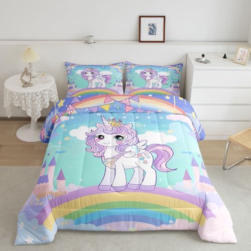 Feelyou Unicorn Bedding 3 Pieces Cute Rainbow Unicorn Comforter Set Full Unicorn Comforter for Girls Teens