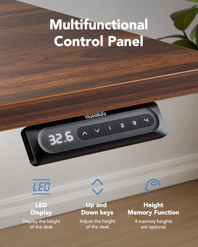 HUANUO 63" x 28" Electric Standing Desk Adjustable Height, 4 Memory Height Settings, Headphone Hook, Cable Manager, Sit Stand Up Desk for Home Office & Computer Workstation, Walnut
