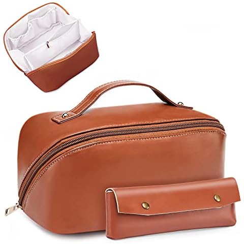 2 Pack Makeup Bag, Large Capacity Travel Cosmetic Bag, Portable Leather Peach Loft's Large Capacity Cosmetic Bag for a Girlfriend Wife Halloween Gifts for Christmas, Brown Cover