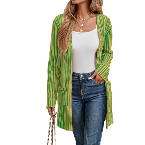 Witsmile Women’s 2025 Spring Fashion Cardigan Lightweight Soft Knit Sweater for Women Long Sleeve Open Front Coat with Pockets(SP Green and Yellow, Medium)
