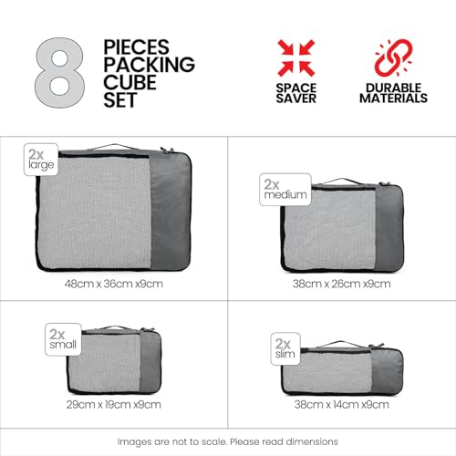 Image of FATMUG Packing Cubes Travel Pouch Bag Organiser Set of 8 (2x Large-Medium-Small and Slim) - Grey, Fabric