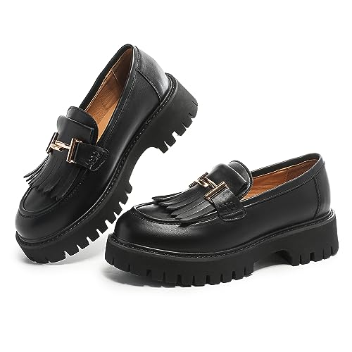 Image of Chunky Loafers Women Platform Loafers for Women Chunky Heel Lug Sole Loafers for Women Slip ons Round Toe