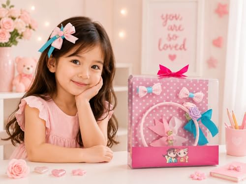 Image of BABIES BLOOM Designer Red Hair Bow, Baby Headband and Hair Accessory Set (Set of 5) (Blue Pink & Light pink)