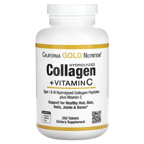 Hydrolyzed Collagen Peptides + Vitamin C by California Gold Nutrition - Support for Hair, Skin, Nails, Joints, & Bones - Featuring Type I & III Collagen Peptides - Gluten Free, Non-GMO - 250 Tablets