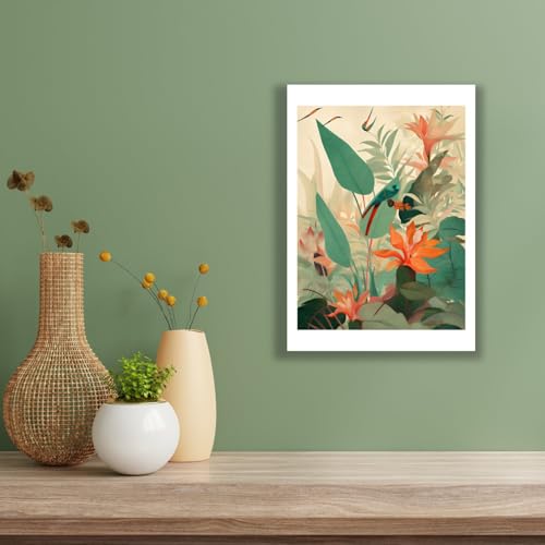 Impression d'art mate Jungle Bloom I grand format oiseaux tropicaux