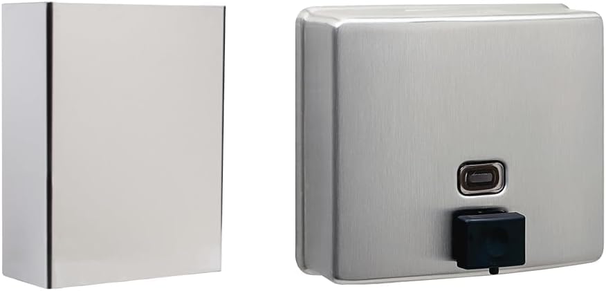 Bobrick Stainless Steel Surface-Mounted Waste Receptacle, 6.4 Gallon, 18" Height, 14" Width & Soap Dispenser, 40 fl. oz. Capacity, 7" Width
