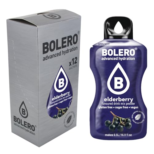 Boléro ELDERBERRY 24x3g | Jus en poudre sans sucre, édulcoré à la stévia + vitamine C | pour enfants et sportifs | sans gluten, végétalien | Goût ELDERBERRY