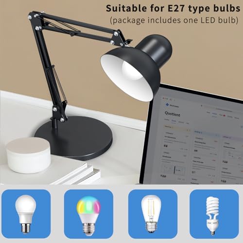 LONGTOO Desk Lamp, Table Lamp with E27 Screw Bulb, Flexible Clamp on Desk Lamp, Adjustable Desk Lamp, Swing Arm Desk Lamp for Home, Office, Working, Studying, and Reading