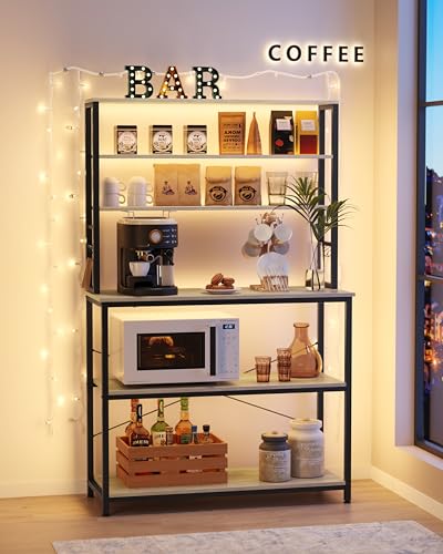Image of VASAGLE Coffee Bar, 39.4 Inches Baker's Rack for Kitchen with Storage, 6-Tier Kitchen Shelves with 6 Hooks, Microwave Stand, Industrial, Heather Greige and Ink Black UKKS039K02