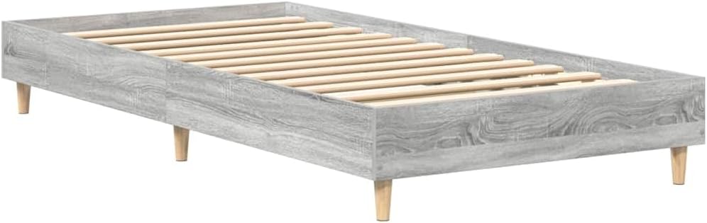 Small Single Bed Frame 75x190 cm Grey Sonoma Engineered Wood Slatted Base Sturdy Legs Modern Bedroom Furniture for Kids Guest Loft Studio
