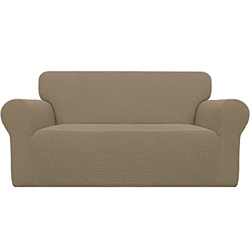 Image of Easy-Going Stretch Loveseat Slipcover 1-Piece Sofa Cover Furniture Protector Couch Soft with Elastic Bottom for Kids Polyester Spandex Jacquard Fabric Small Checks (Loveseat, Tan)